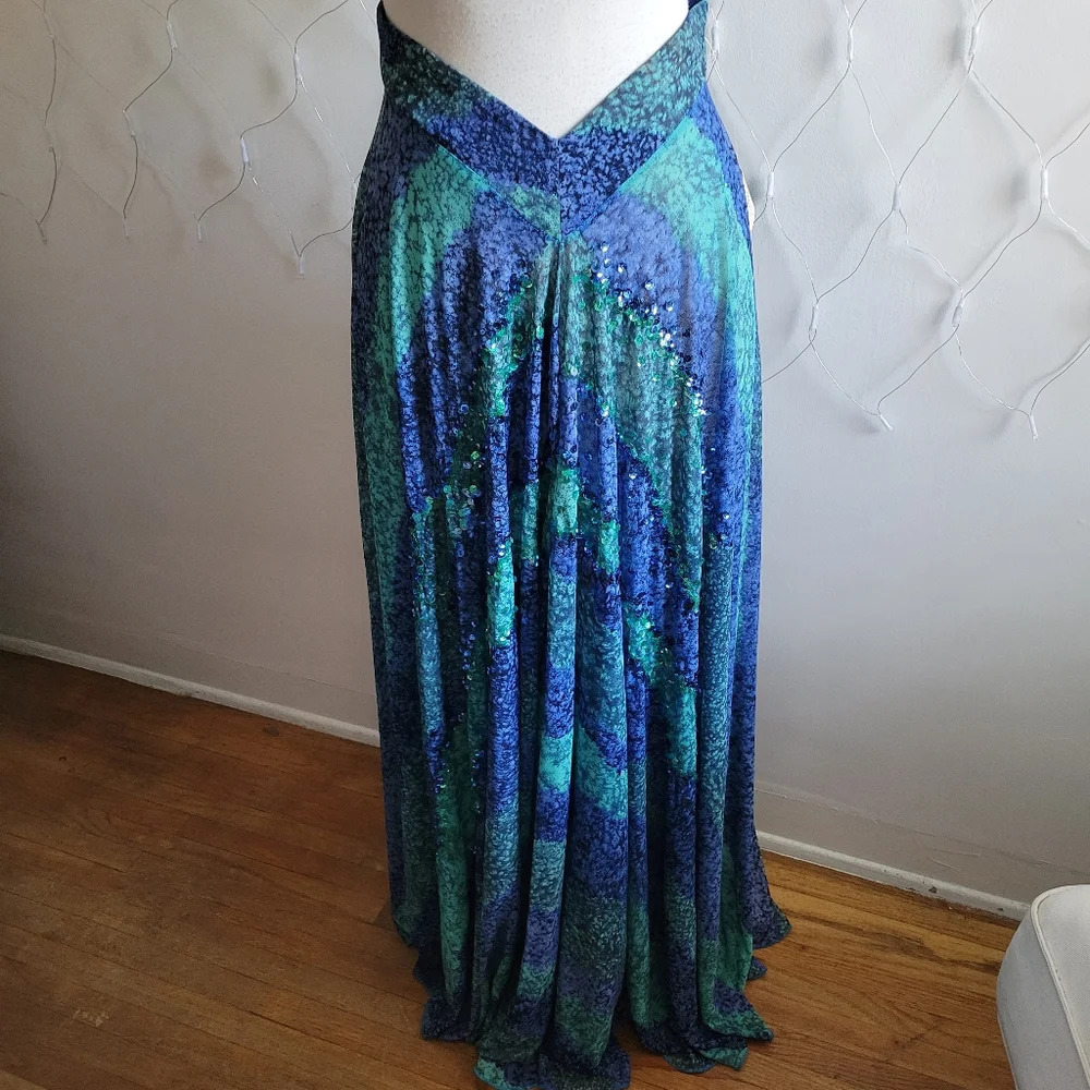 °Vintage Maxi Skirt • Slinky • Turquoise & Green • Sequins • Size Small